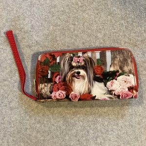 Yorkie and Roses Wristlet Wallet Pre Owned Rarely Used Cheetah Print Lining